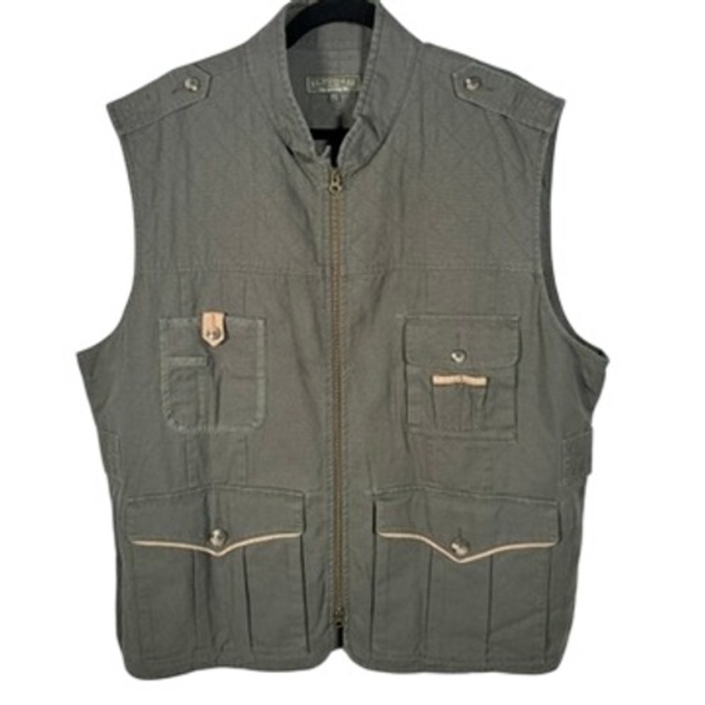 JL Powell Mens Utility Vest Olive Green Quilted Shoulders Pockets Size XL‎